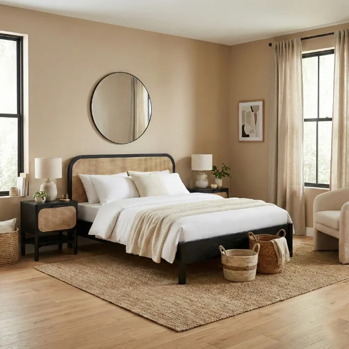 Creek Cane Bed - Black_ creek cane bed in a modern bedroom
