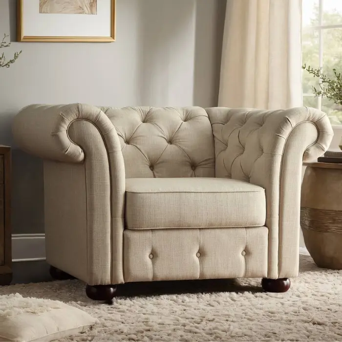 Eton Chesterfield Chair Eton Chesterfield Chair with button tufting, rolled arms, and espresso-finished bun feet for luxurious interiors in Pakistan and UAE.