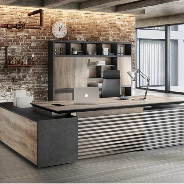 Oak-Back-Wall-2-600x600 Executive office with Oak Back Wall behind desk, showcasing mixed shelving, sliding panels, decor.