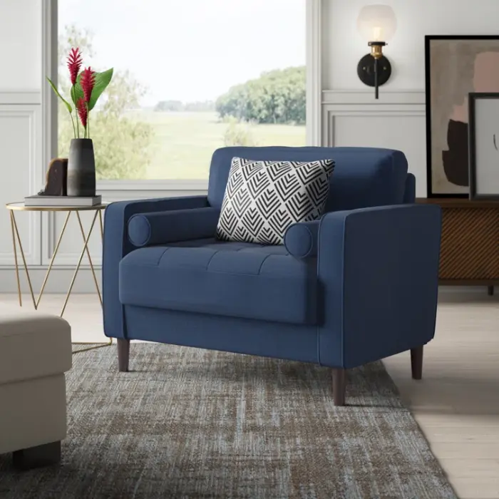 Atlas-Sofa-Chair-Navy-Blue-Linen Atlas Sofa Chair in Navy Blue Linen with wooden legs and plush cushions