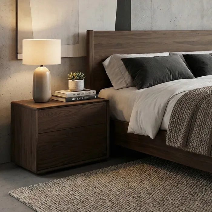 Oslo Side table Oslo Side Table – front view of brown wooden side table featuring two drawers with a smooth, modern finish.