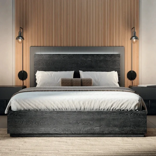 Eclipse-Bed-600x600 Eclipse Bed in charcoal black wood with fluted headboard and low platform base
