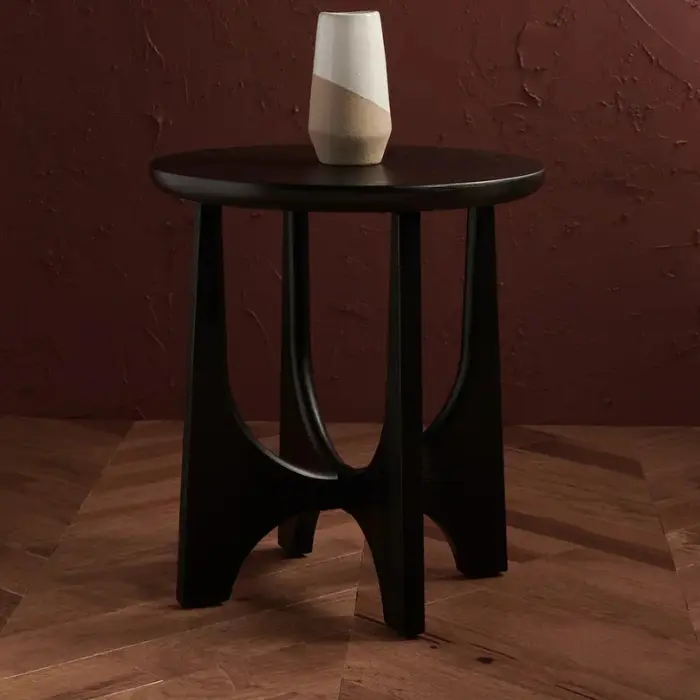 Arcadia Side Table Arcadia Side Table with a retro trestle base design in solid wood, showcasing Mid-Century modern elegance. Ideal for premium home décor in Pakistan and UAE