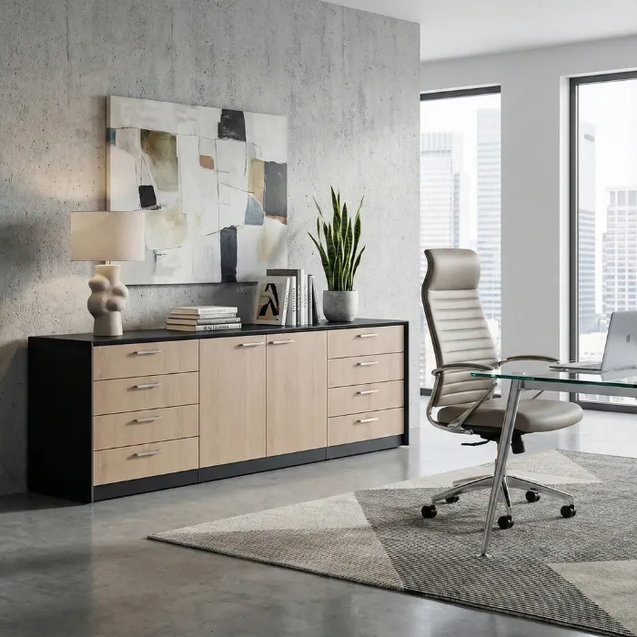 Velora Credenza Velora Credenza with multiple drawers and cabinets in wood and black finish.