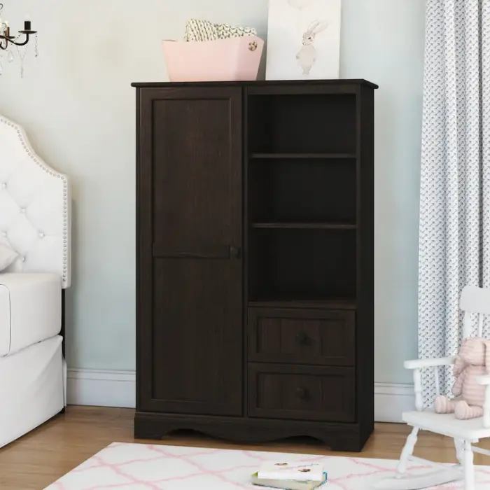Minora Baby Wardrobe in Espresso Finish with Shelves and Drawers for Nursery Storage Minora Baby Wardrobe in Espresso Finish with Shelves and Drawers for Nursery Storage