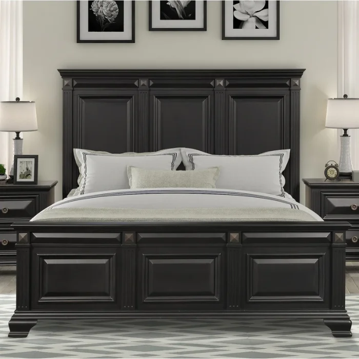 Blackwood Noir Bedroom Set – Elegant Black Wooden Bed with Classic Panel Design Blackwood Noir Bedroom Set – Elegant Black Wooden Bed with Classic Panel Design