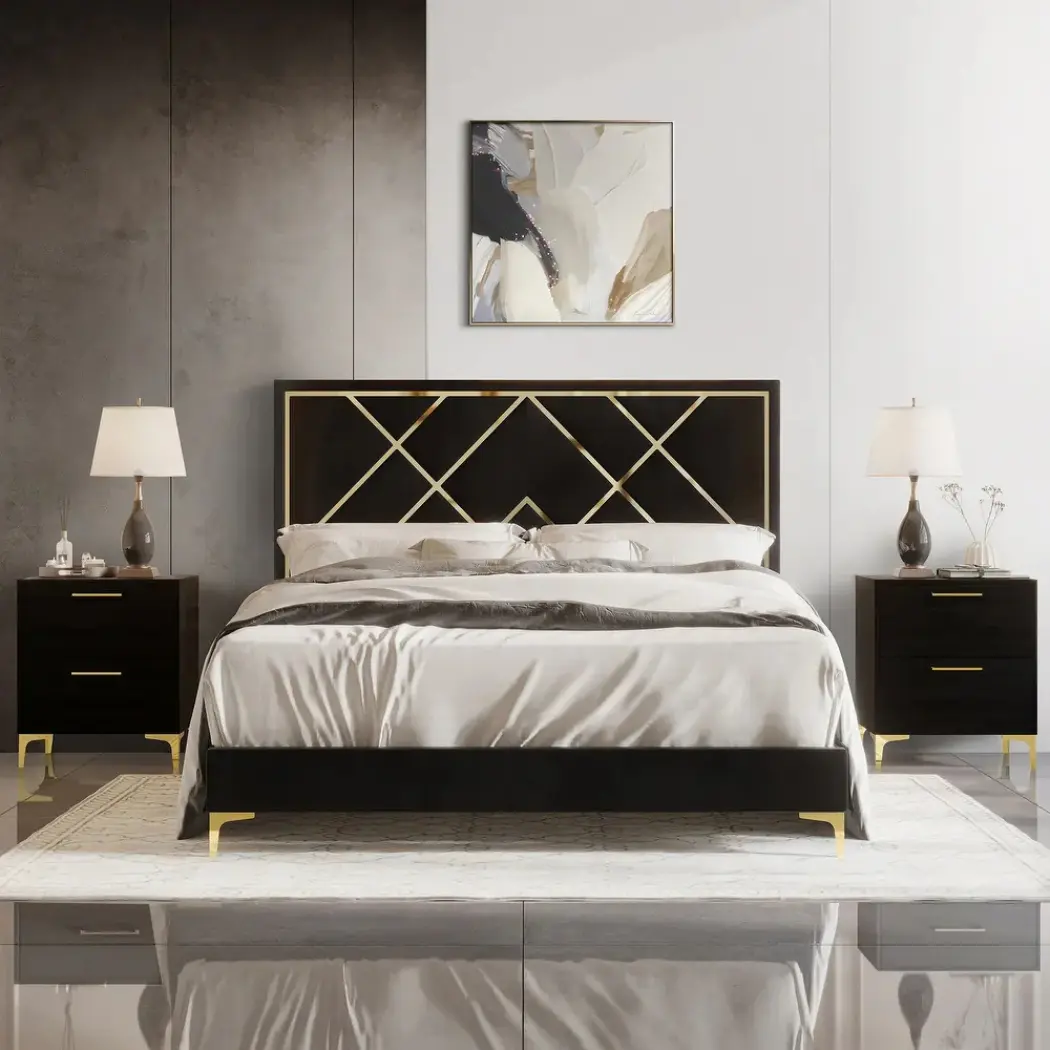 Regalia Luxe Bedroom Set front view of black upholstered bed in a modern living room