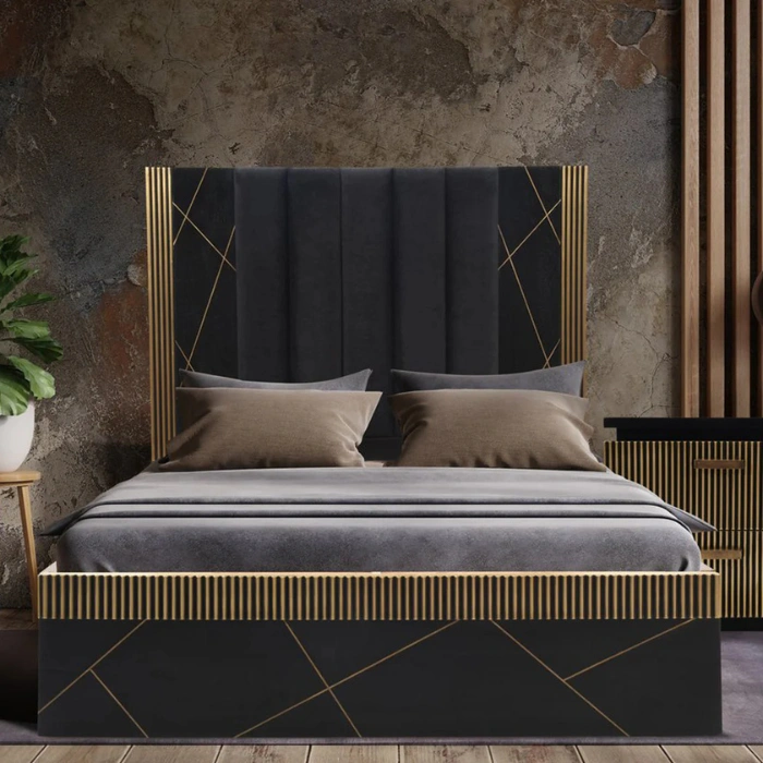 Cosmo Bed Cosmo Bed with black channel-tufted headboard, gold geometric accents, and platform base