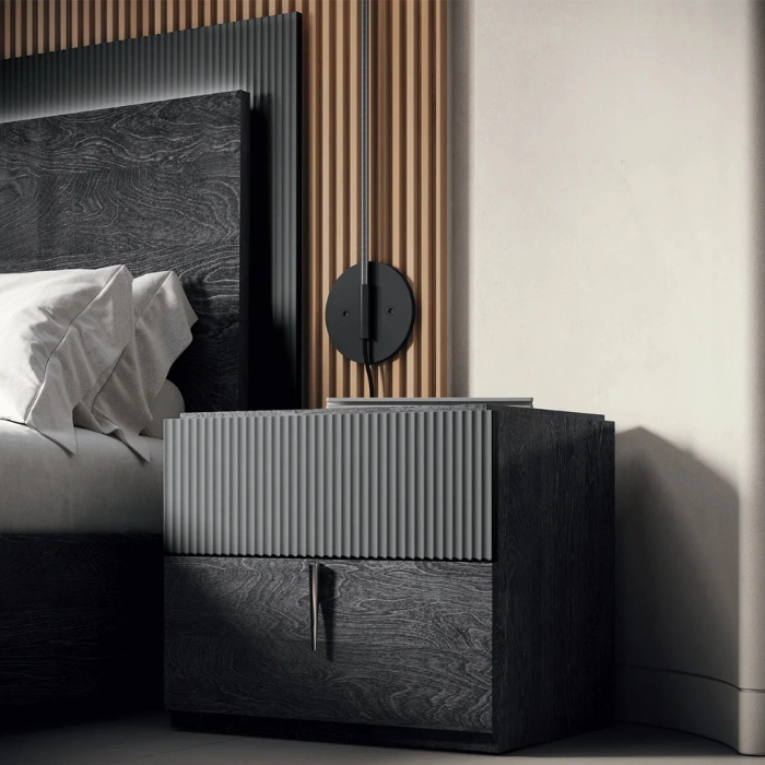 Eclipse Side table (2) Side table beside bed showing cohesive bedroom setup.