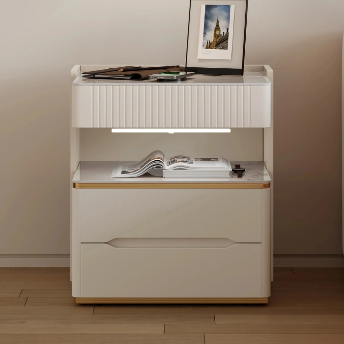 Linea Side table - Off white (2) Linea Side Table - Sleek off-white design with ribbed texture, gold accents, and ample storage.