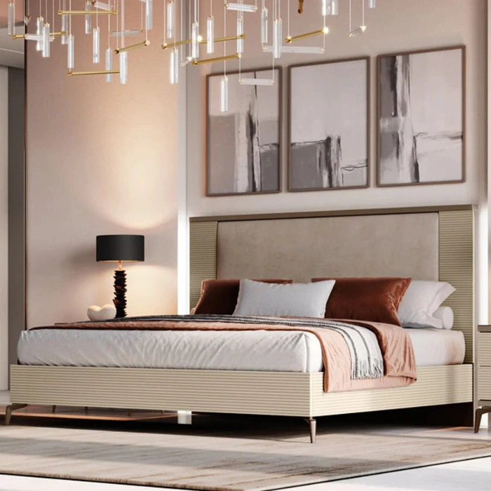 Verona Bed Verona Bed in cream with upholstered headboard, ribbed frame and slim metal legs