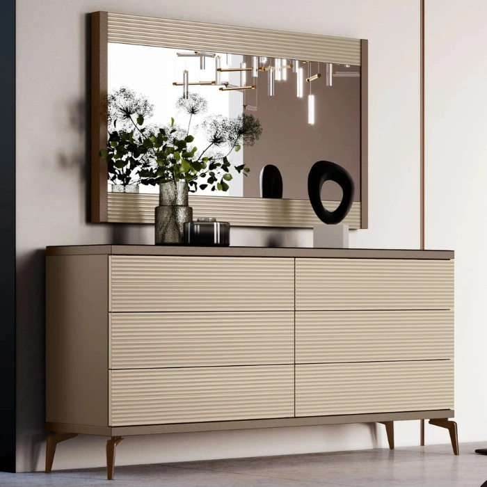 Verona Dresser Verona Dresser with ribbed cream drawers, dark top, and slim metal legs