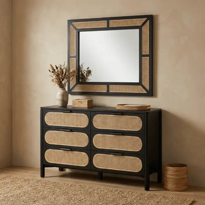 Celesté Cane Dresser (1) (1) Black dresser in a modern room with matching mirror