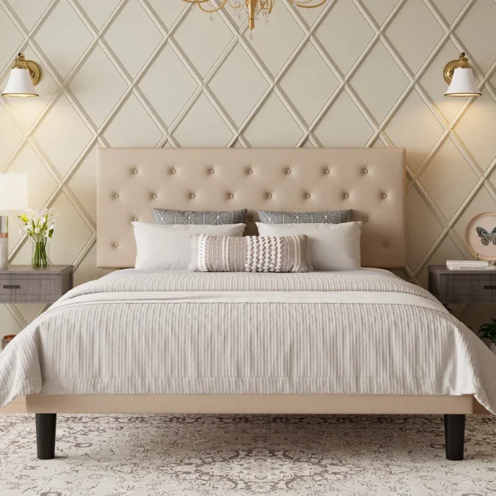 Double Bed Beige 1 Beige Upholstered Double Bed with Tufted Headboard, Neutral Bedding, and Modern Nightstands