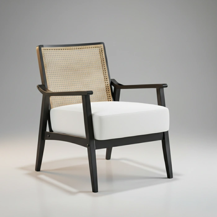 Cane Sculpt Armchair - White cane sculpt armchair with pure white cushion in studio background