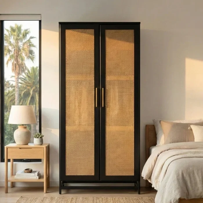 Arcane Wardrobe - Black_ (1) A modern boho room setup featuring the Arcane luxury black wood and rattan 2-door Almirah.