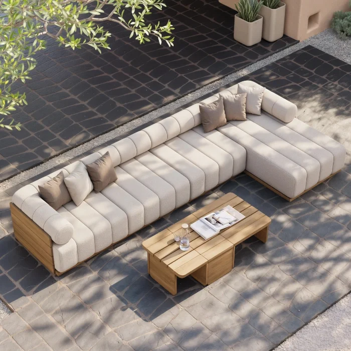 Fjord 4-Pieces Modular Outdoor Sofa (4)_ Brown resin wicker modular outdoor sofa in L-shape configuration.