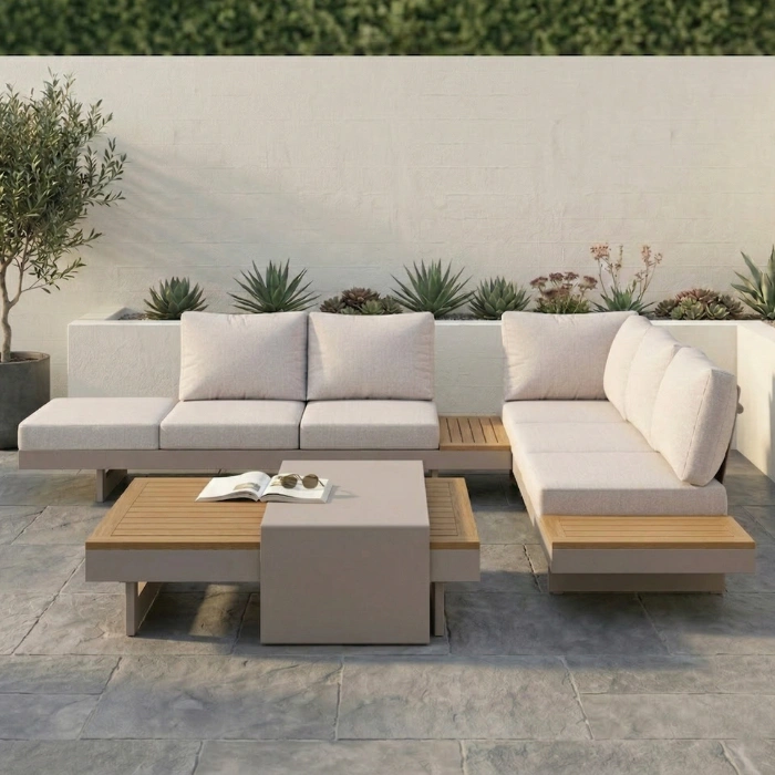 Nookline Outdoor Sectional sofa (2) outdoor sectional sofa in beige cushion in outdoor area
